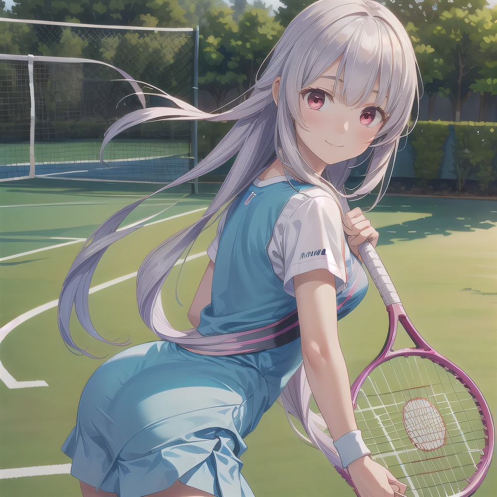 灰髪ロングでテニスウェアの少女