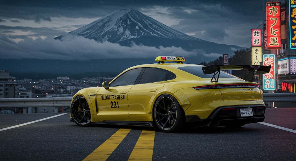 ポルシェタイカンイエロータクシーレーシングカー