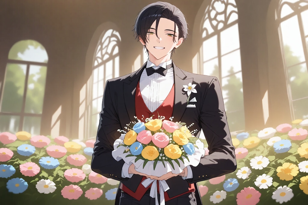 花束をくれる執事さん