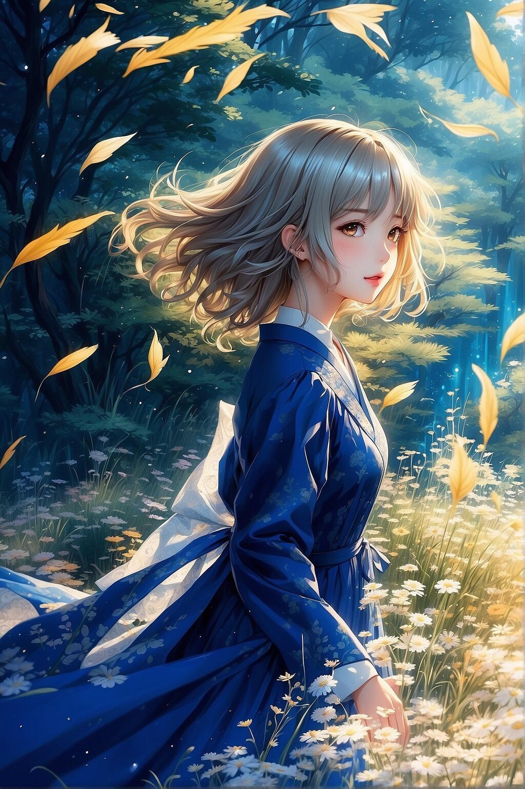 亜麻色の髪と青いドレスの少女