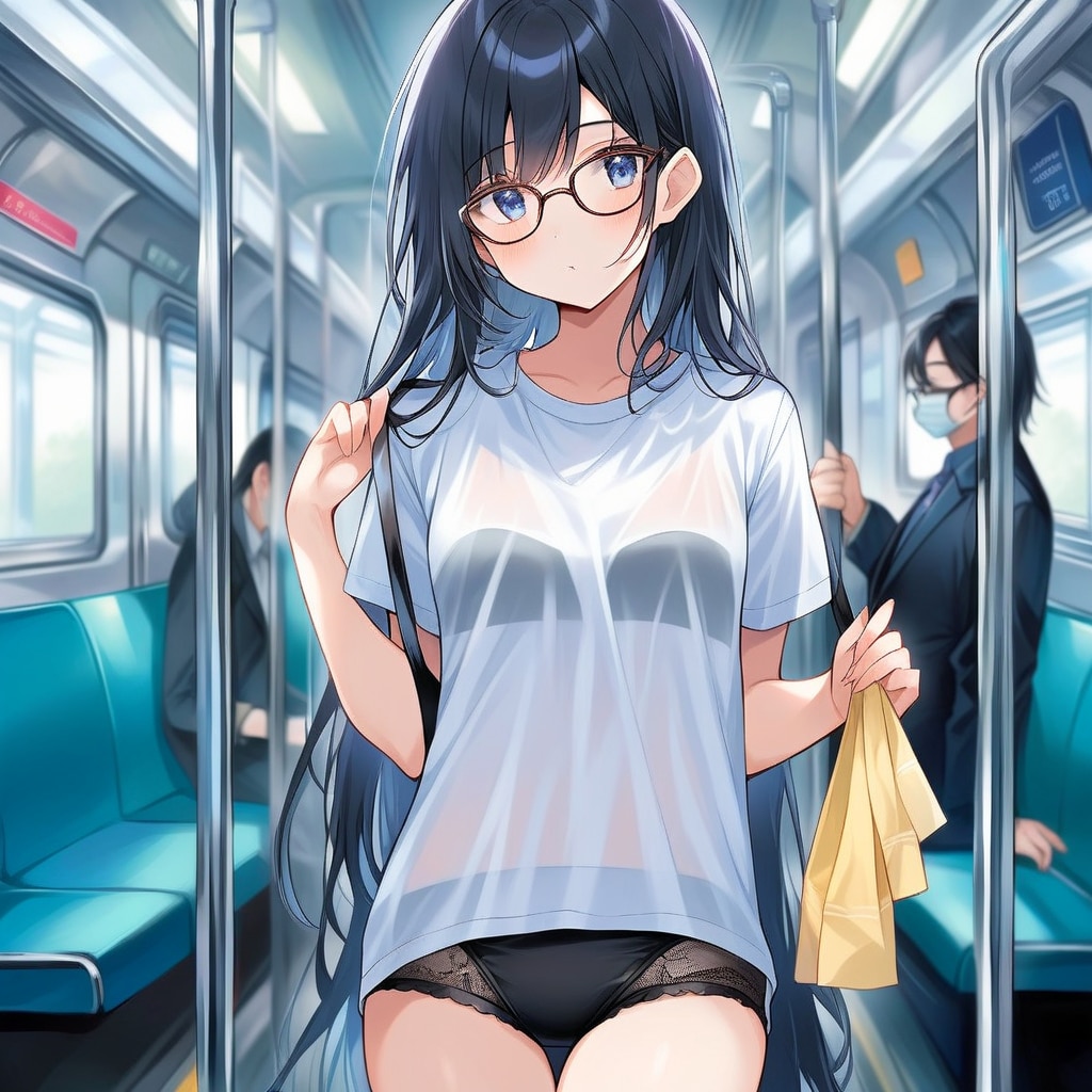 黒髪メガネ　電車内で透けブラ