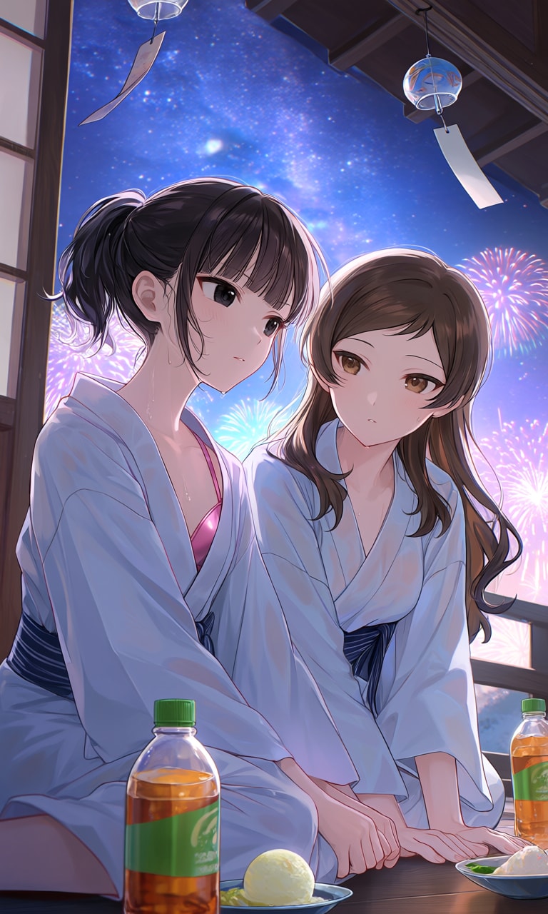 浴衣姿の志保と藍乃雫さん(PixAI版)