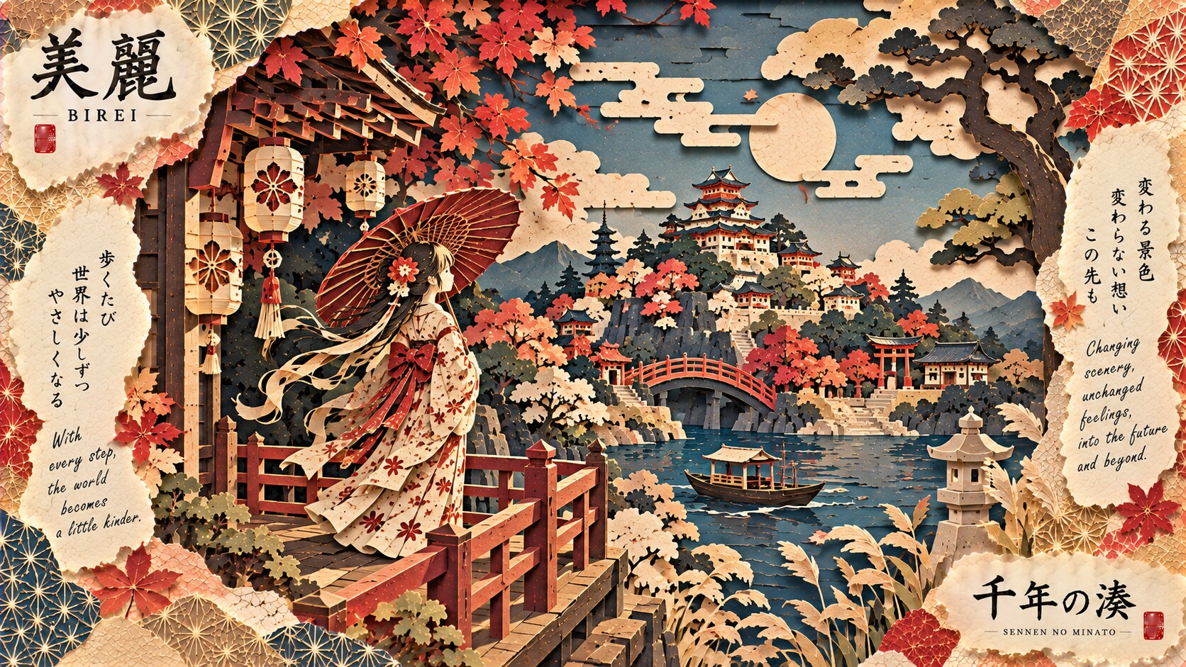 A red umbrella beneath maple leaves, watching a boat drift toward a thousand-year-old harbor town. | の人気AIイラスト・グラビア