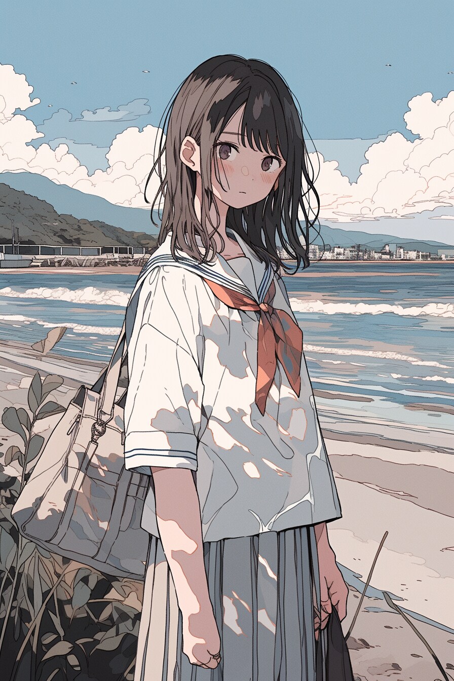 海辺の制服姉さん