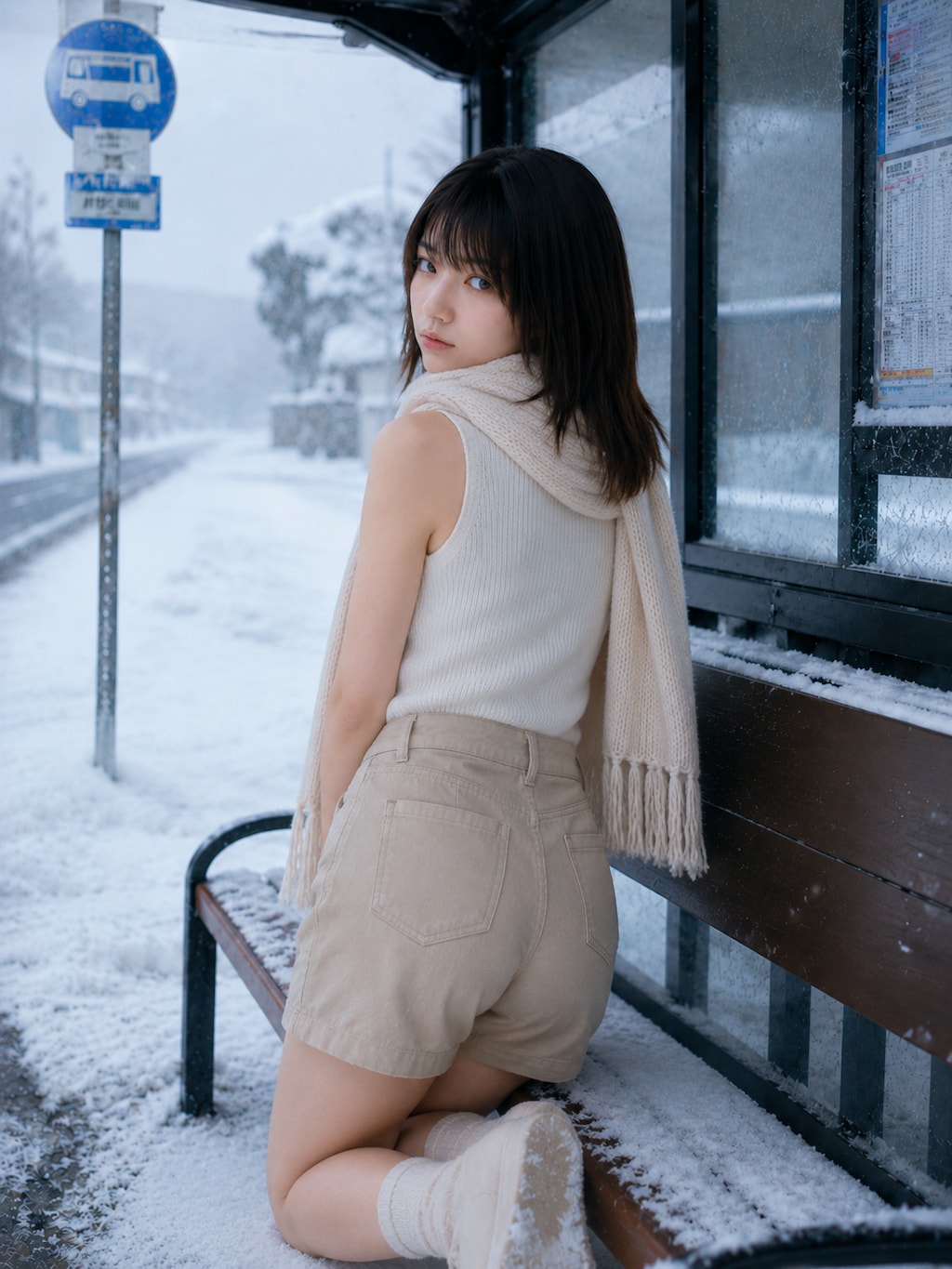 雪のバス停