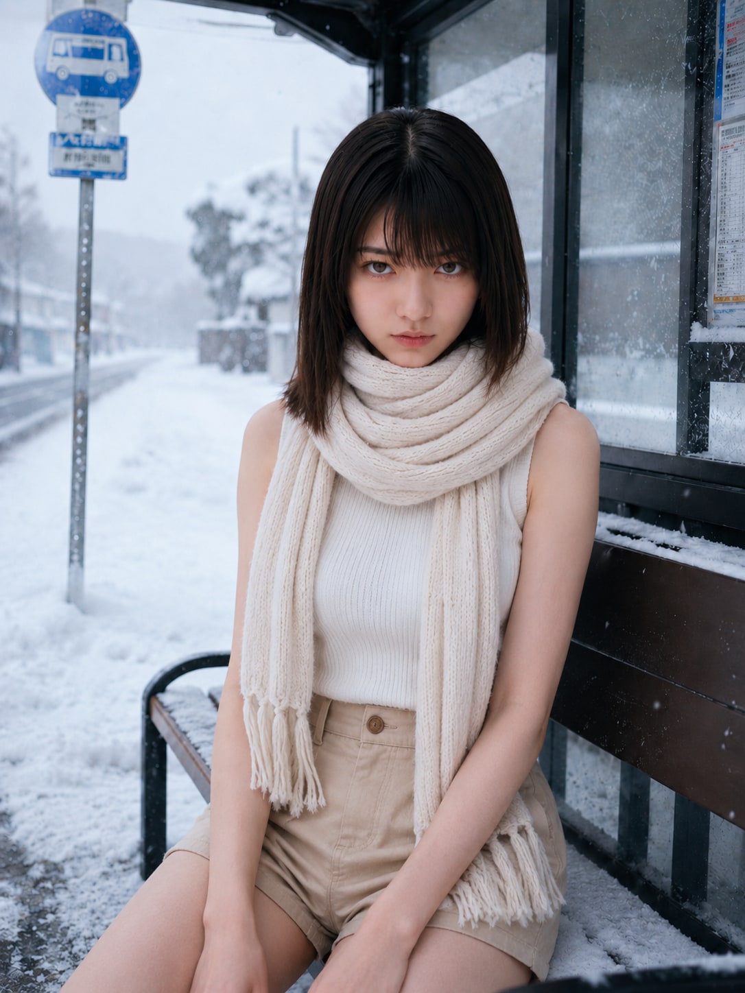 雪のバス停
