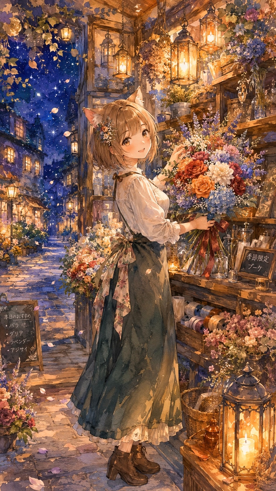 夜のランタン花屋(水彩画)