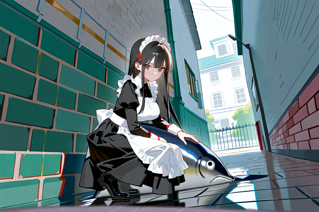 可愛い野良うおと戯れるメイド