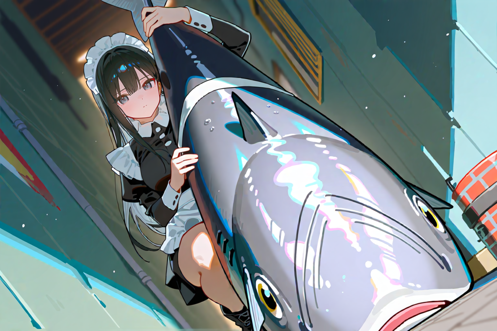 可愛い野良うおと戯れるメイド