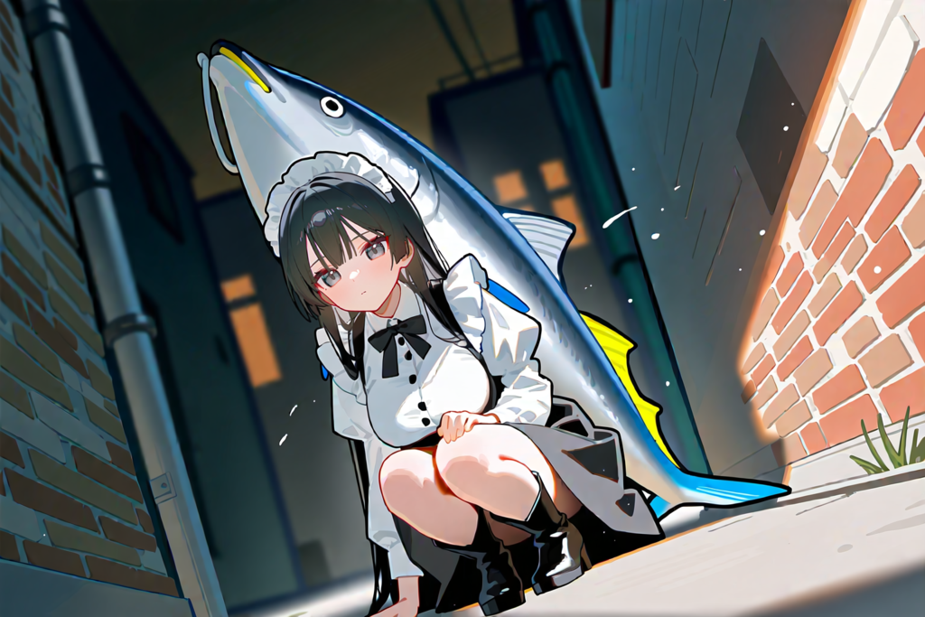 可愛い野良うおと戯れるメイド