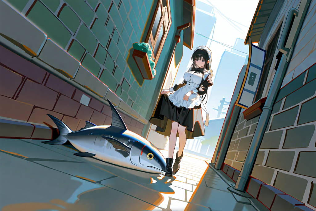 可愛い野良うおと戯れるメイド