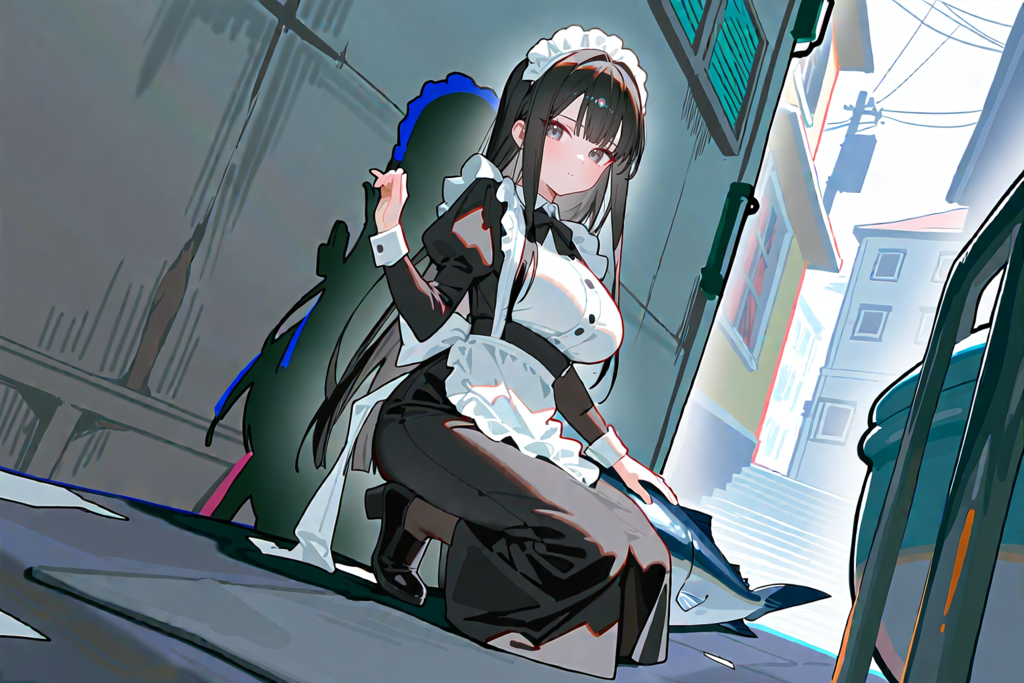 可愛い野良うおと戯れるメイド