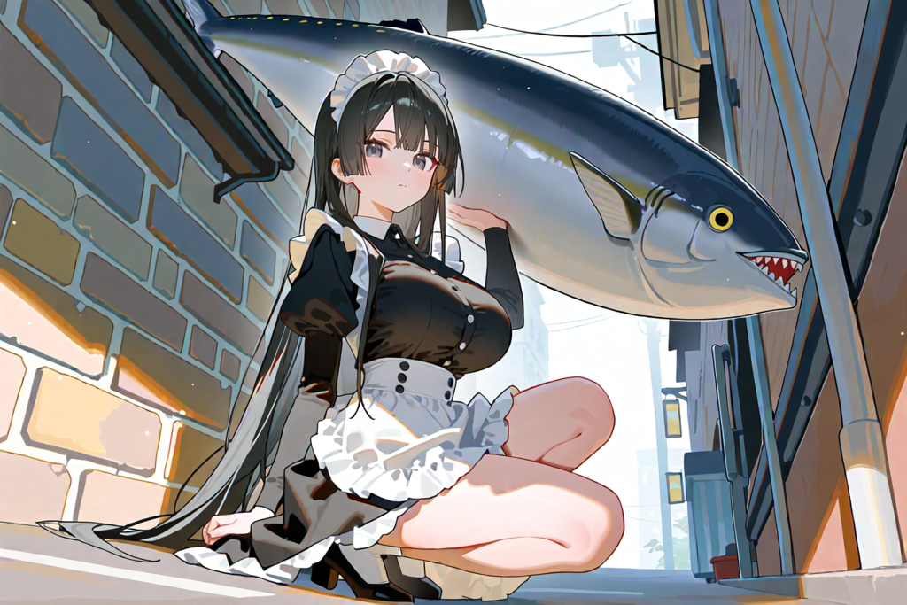 可愛い野良うおと戯れるメイド