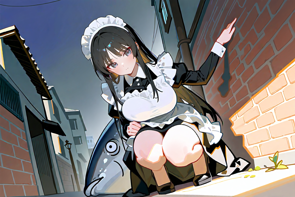 可愛い野良うおと戯れるメイド