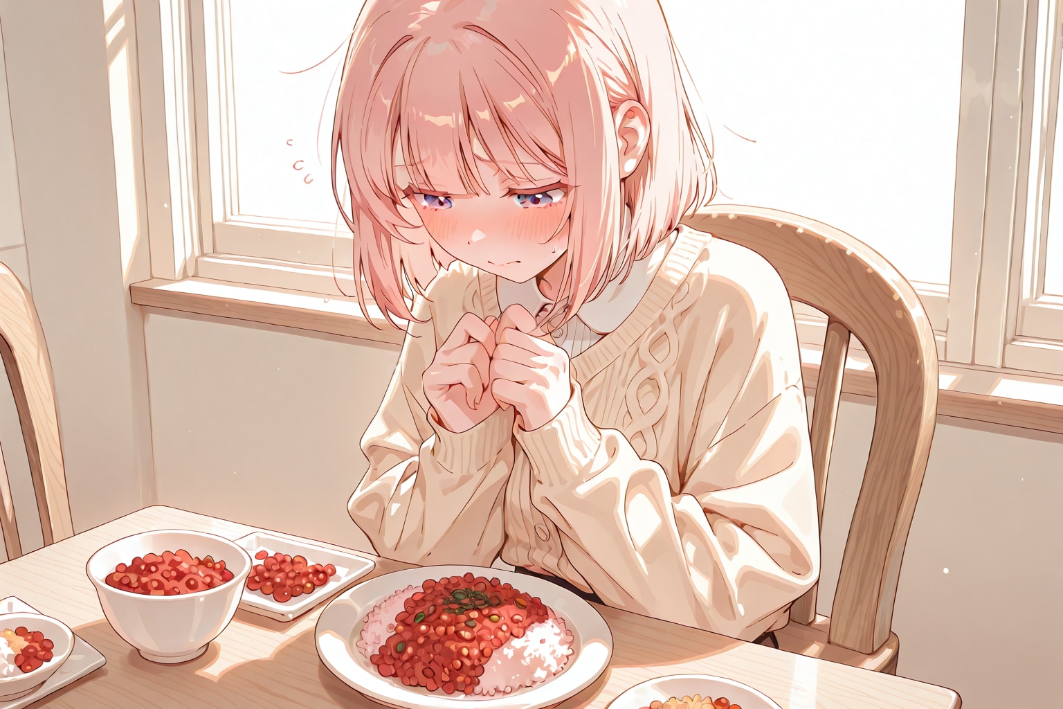 恥ずかしそうにお赤飯を眺める女の子 | の人気AIイラスト・グラビア