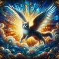 油絵ファンタジー、天から舞い降りる天使の猫 2枚目
