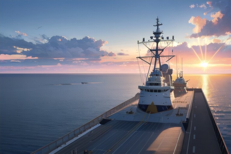 軍艦と夕日