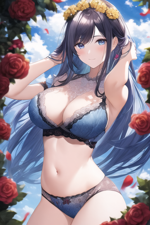 a wreath of pink roses on her head