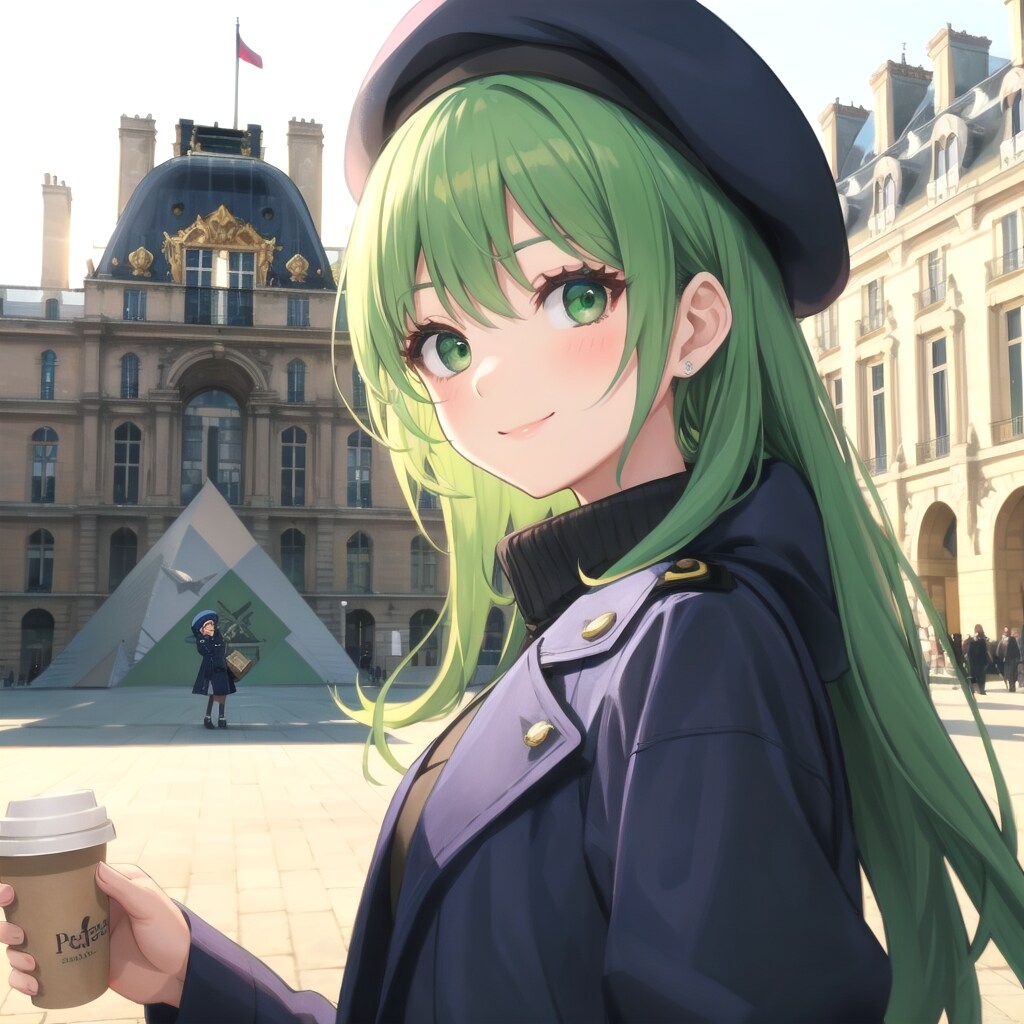 パリのルーブル美術館前で