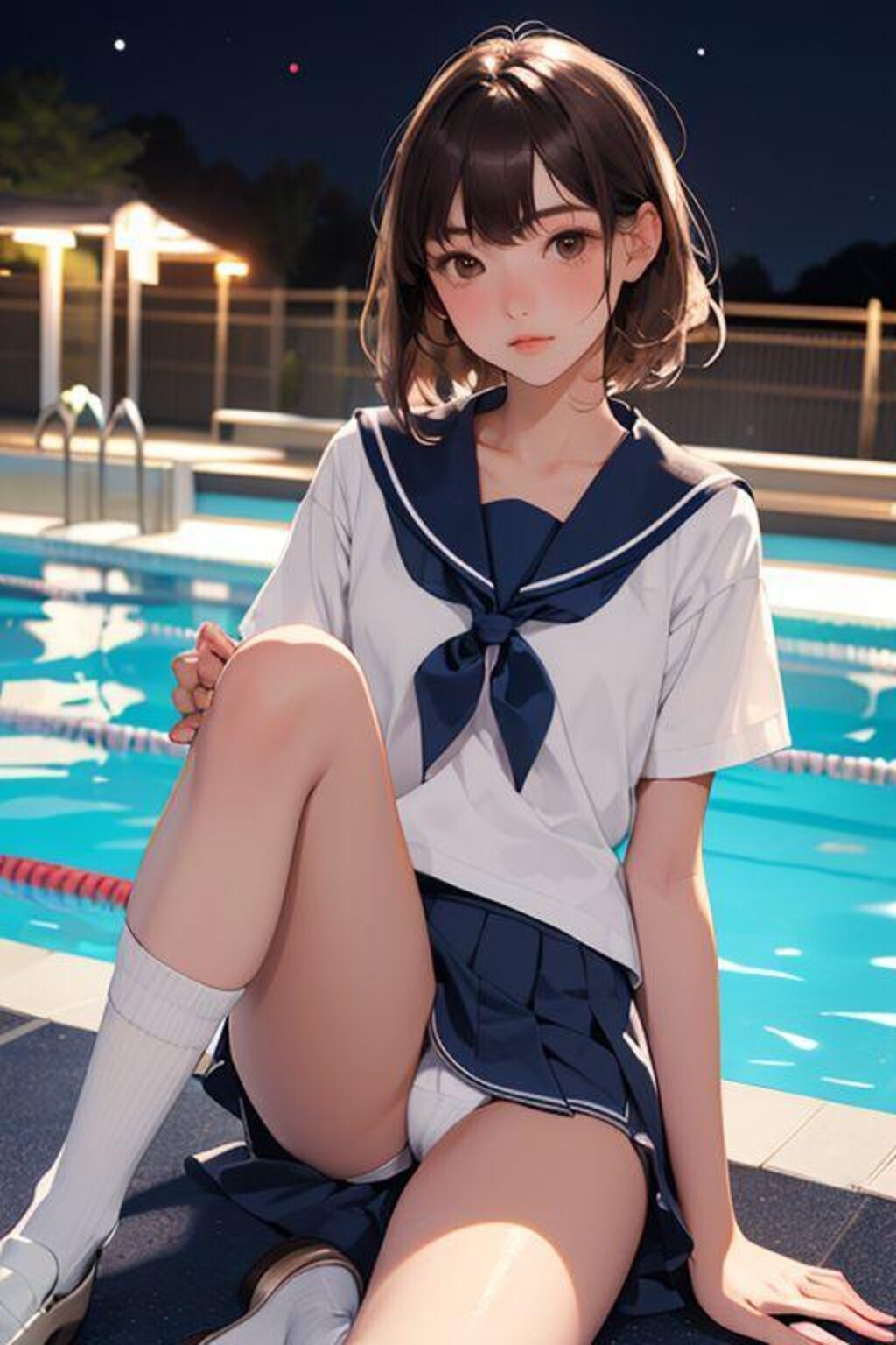 夜のプールでパンチラ