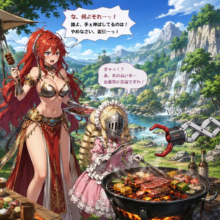 バーベキューするロンスカ勇者とマスクドお嬢様