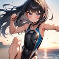 ビーチで真剣にアクションポーズ 9枚目