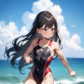 ビーチで真剣にアクションポーズ 2枚目