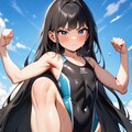 ビーチで真剣にアクションポーズ 4枚目