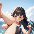 ビーチで真剣にアクションポーズ 3枚目