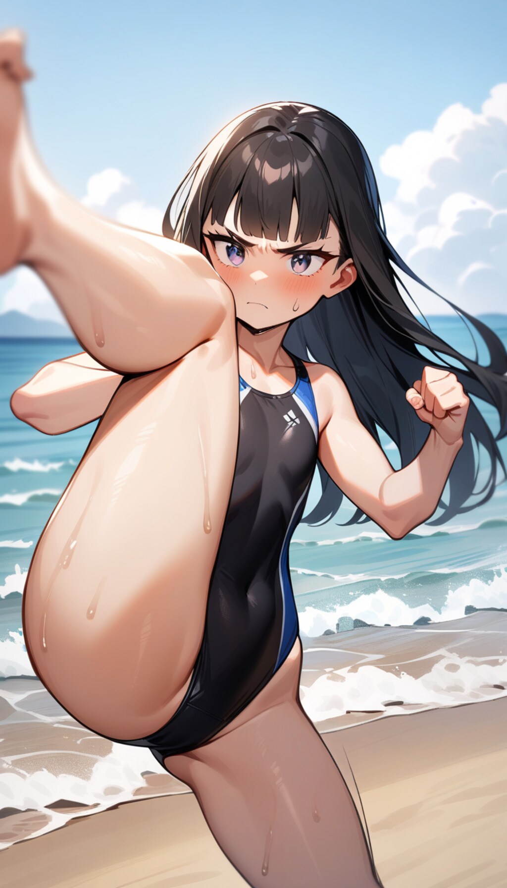 ビーチで真剣にアクションポーズ