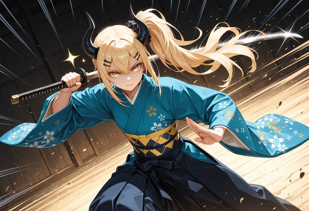 刀を持って構える女鬼高生さん