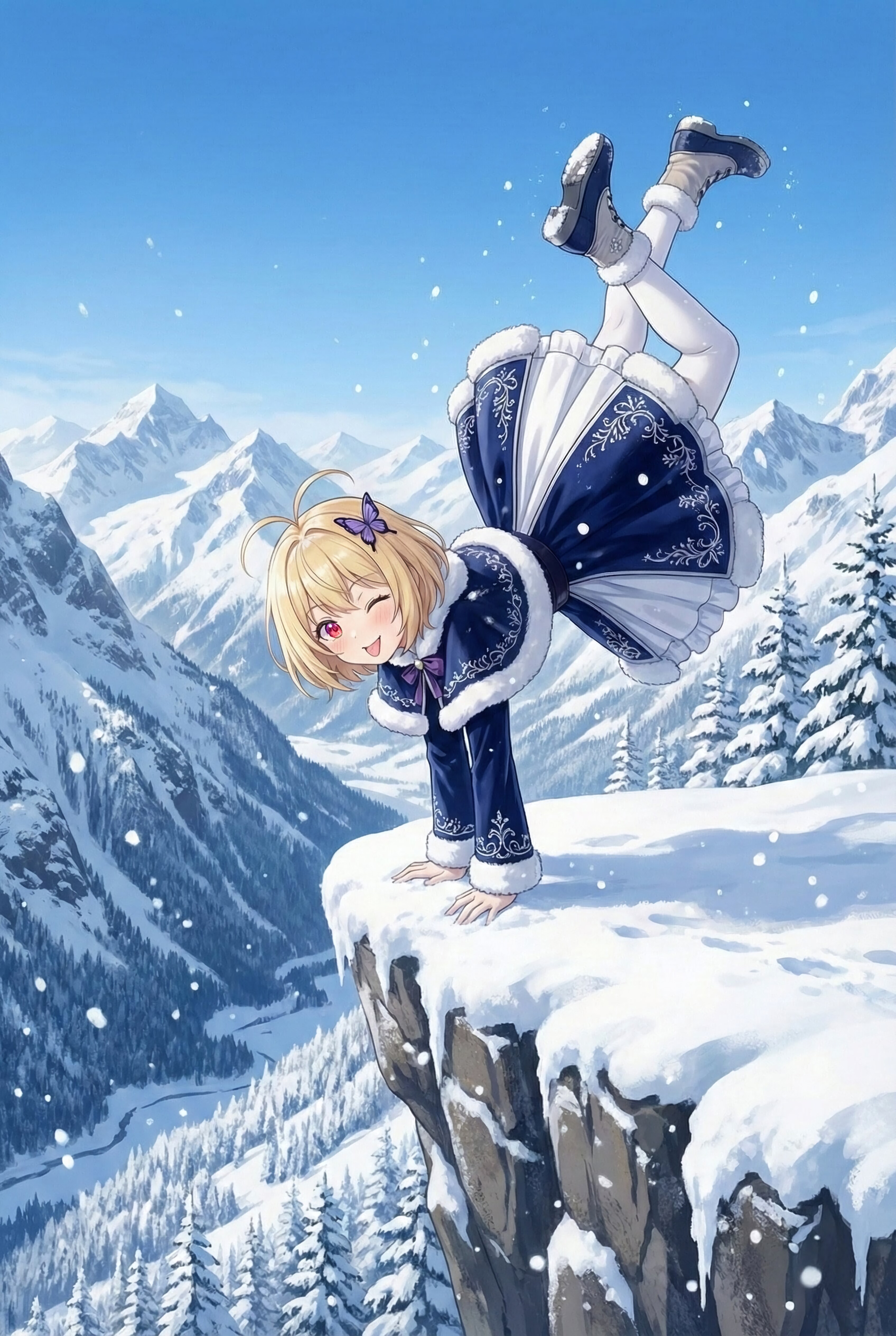 冬山てへぺろ逆立ち