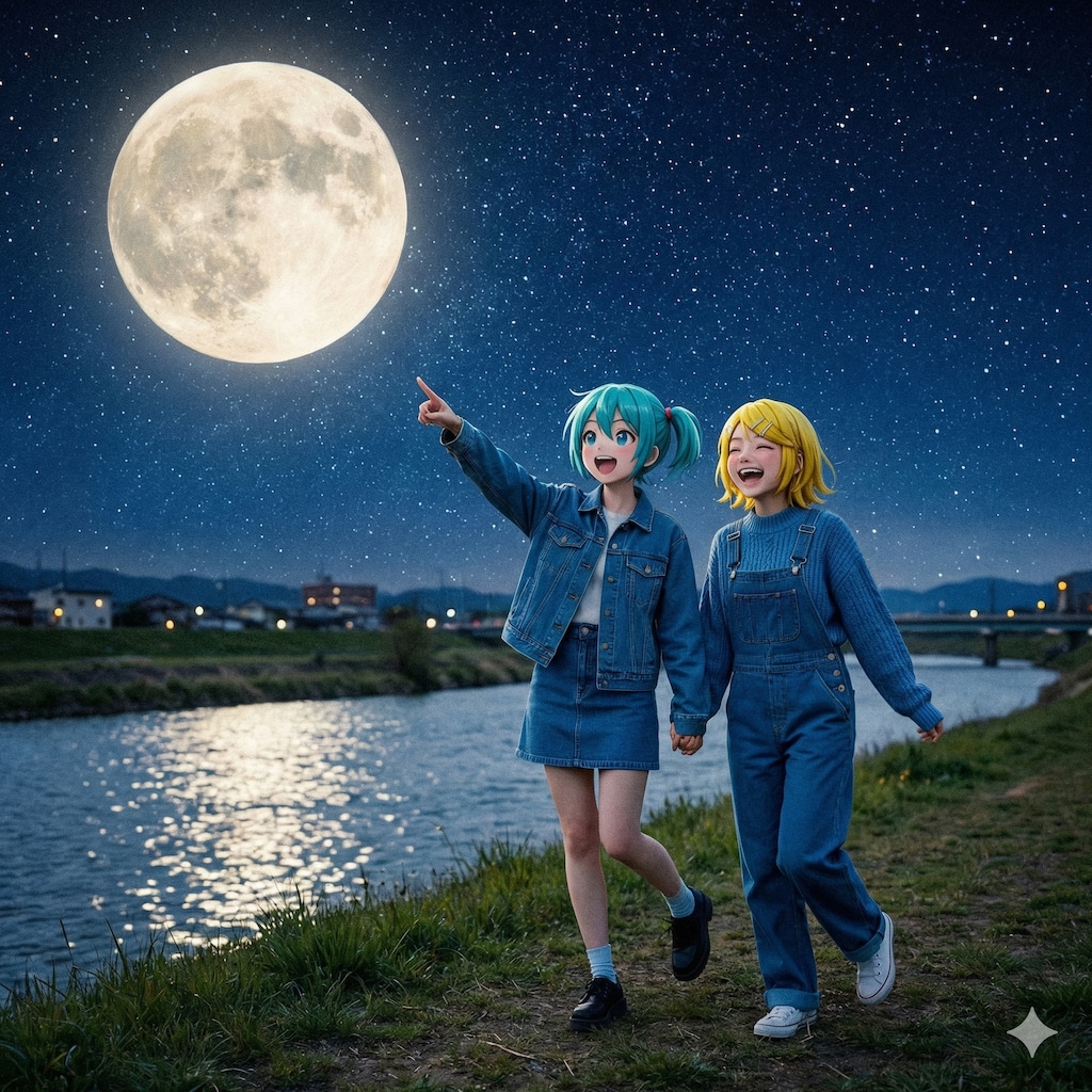 満月の夜の河原に🌕️ミクさんリンさん