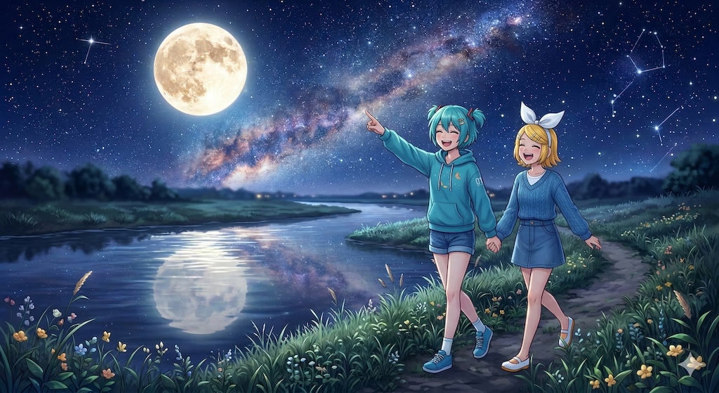 満月の夜の河原に🌕️ミクさんリンさん