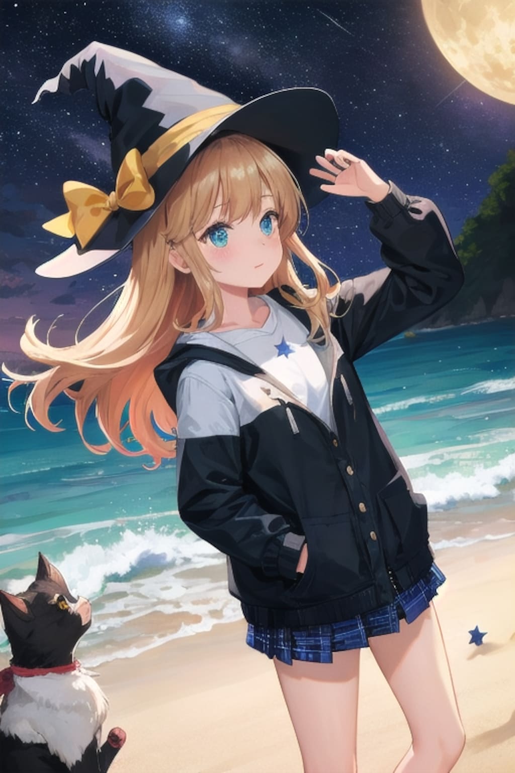 砂浜の魔女と星空と猫