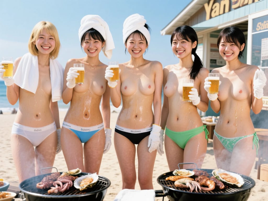 海の家の汗だくお姉さん×休日バイト仲間で海鮮BBQ