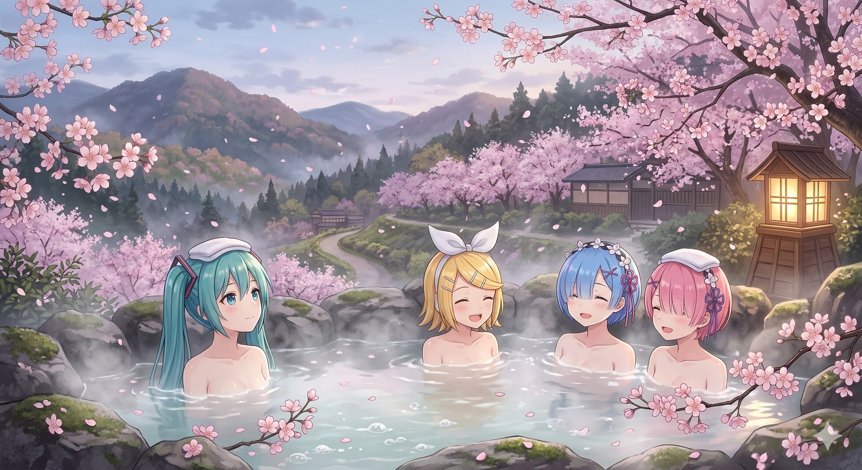 桜咲く温泉にミクさん達🌸