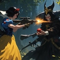 銃を構える白雪姫と毒リンゴを差し出す魔女の対決 5枚目
