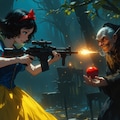銃を構える白雪姫と毒リンゴを差し出す魔女の対決 3枚目