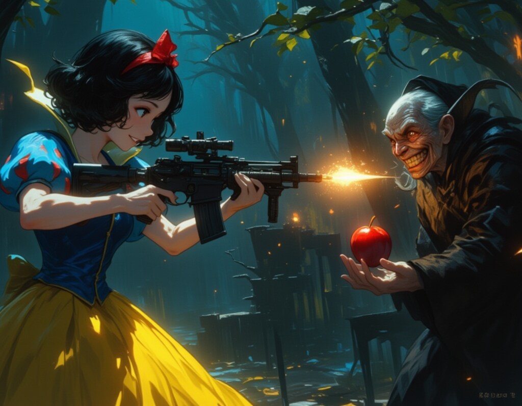 銃を構える白雪姫と毒リンゴを差し出す魔女の対決