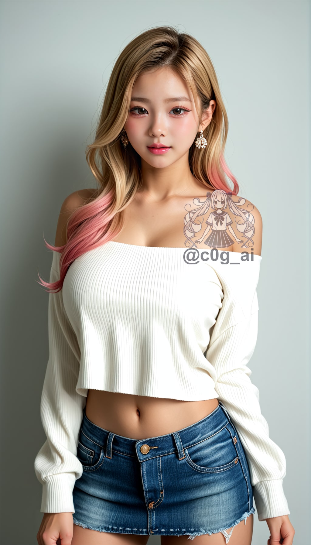 オフショルセーターにデニムミニスカの白ギャル夏姫