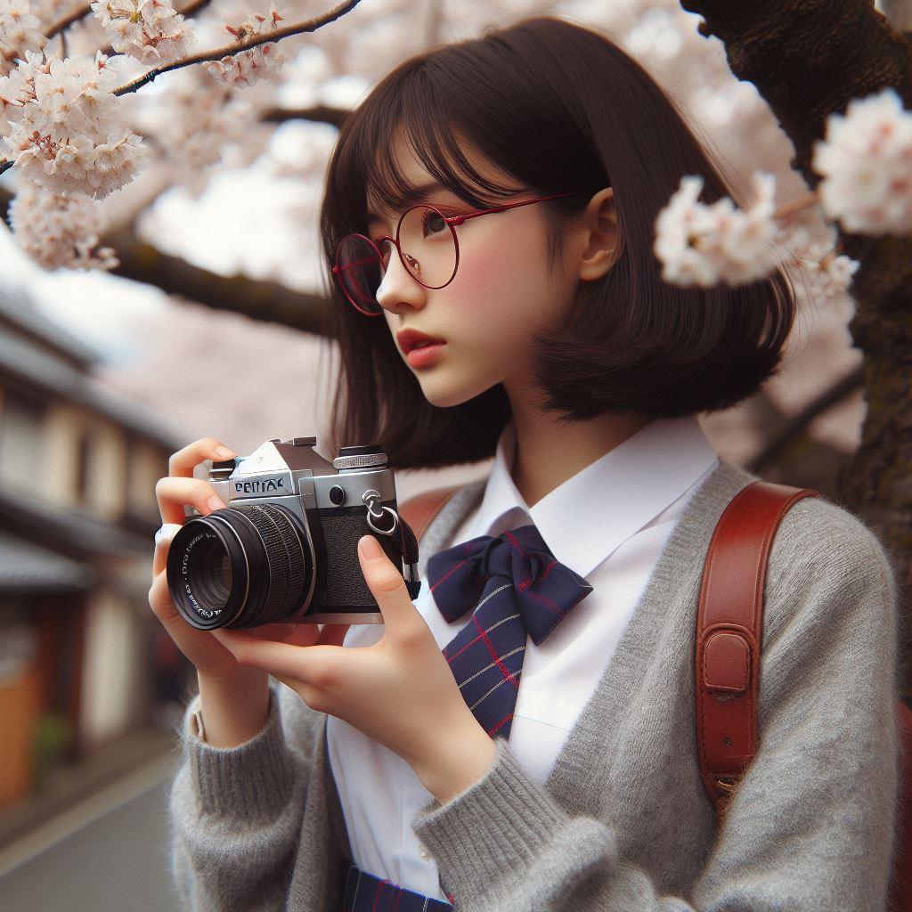 眼鏡女子 楓の桜撮影