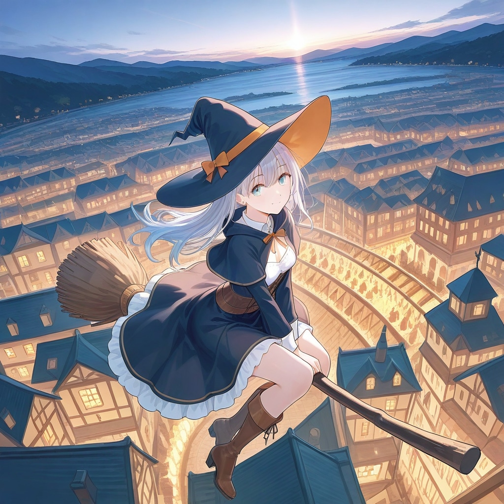 夕暮れの街を飛ぶ