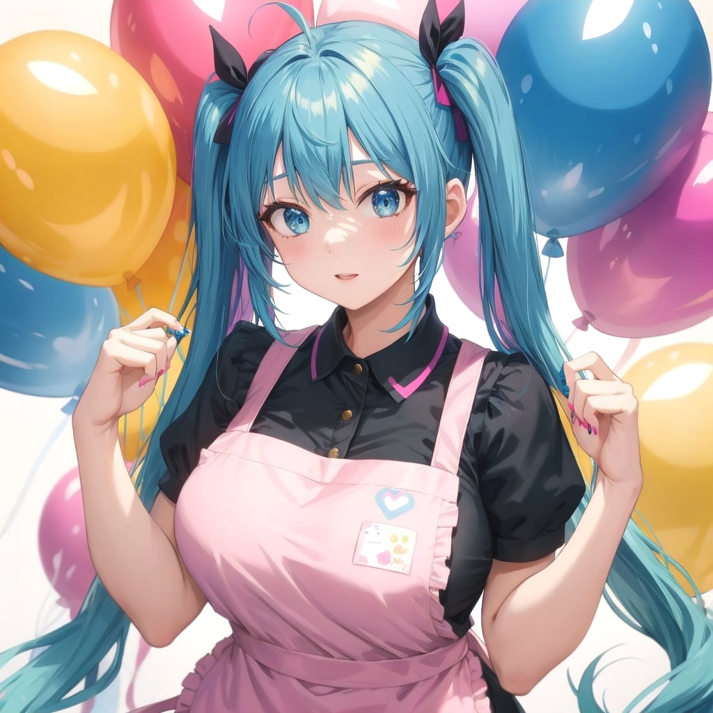 いっぱい色とりどりの風船を持つ青い髪ツインテールのピンクのエプロン付けた美女