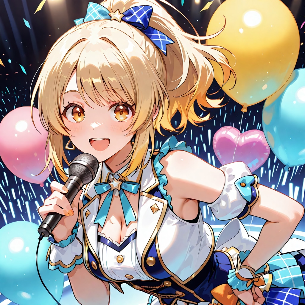 いっぱい色とりどりの風船を持つブロンドポニーテールのアイドル衣装着た美女