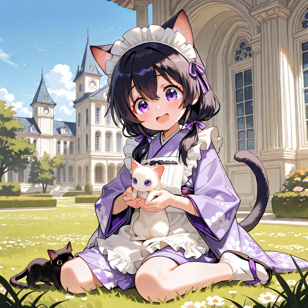 子猫と戯れる猫娘