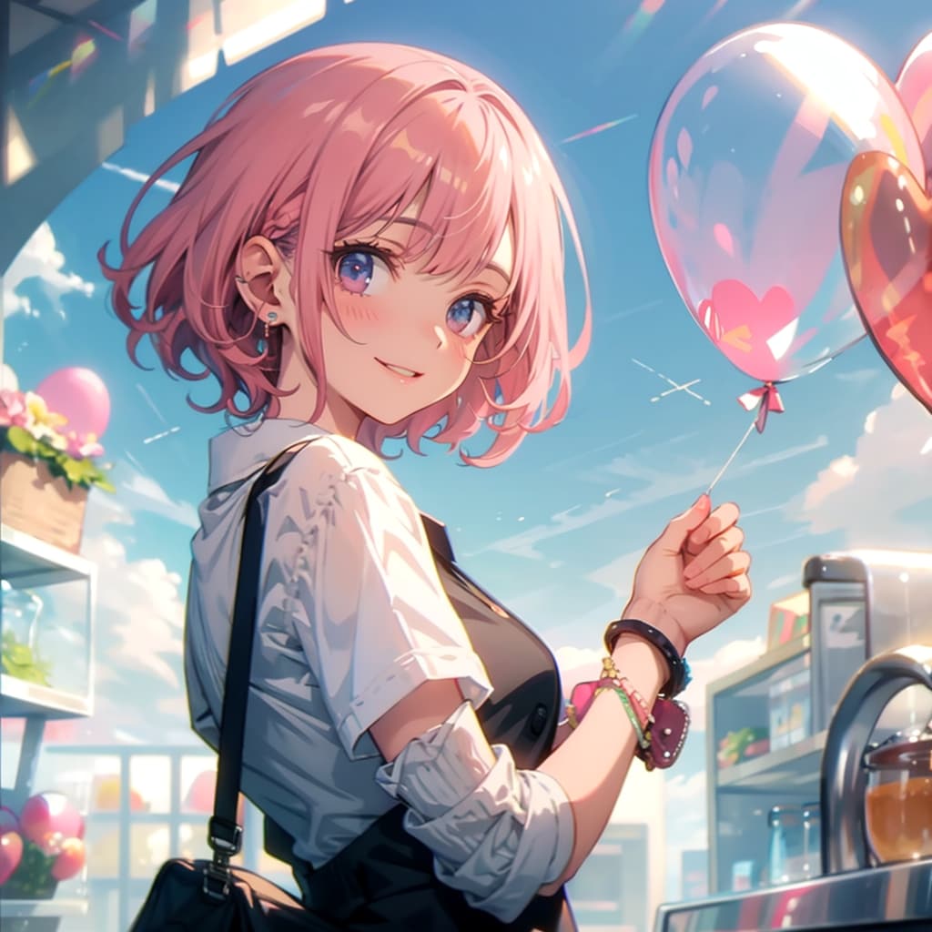 いっぱい風船を持つピンク髪ショートカットのお弁当屋さんの美女店員さん | の人気AIイラスト・グラビア