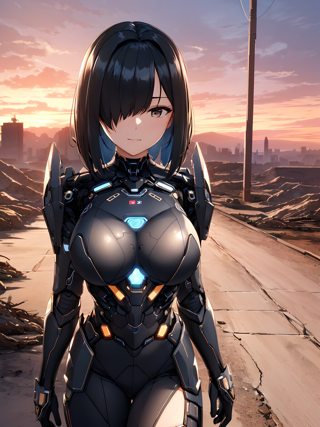 荒野を歩く黒い鎧の女アンドロイド