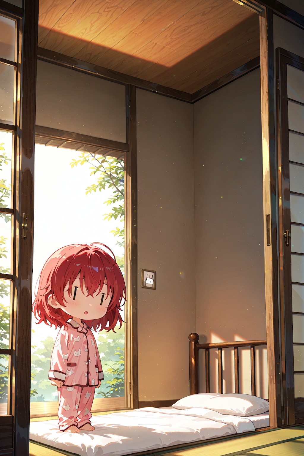 起き抜けのジト目先生。