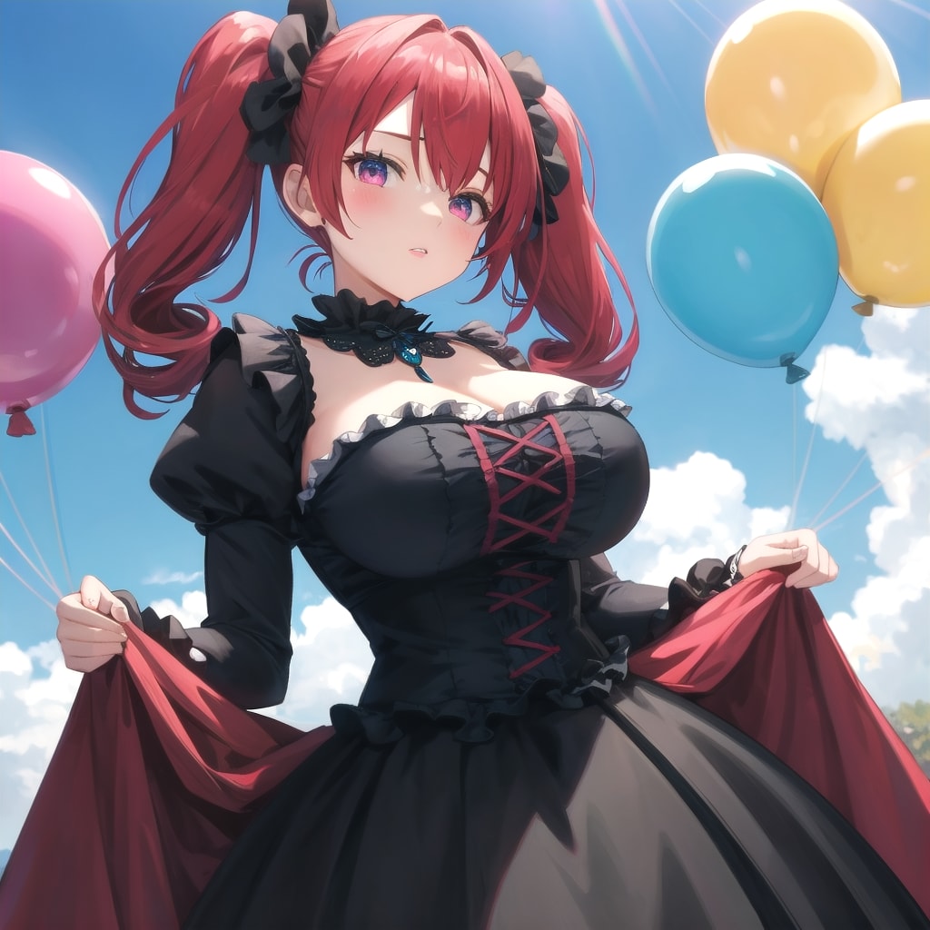 いっぱい色とりどりの風船を持つ赤い髪ツインテールのゴスロリ衣装着た美女